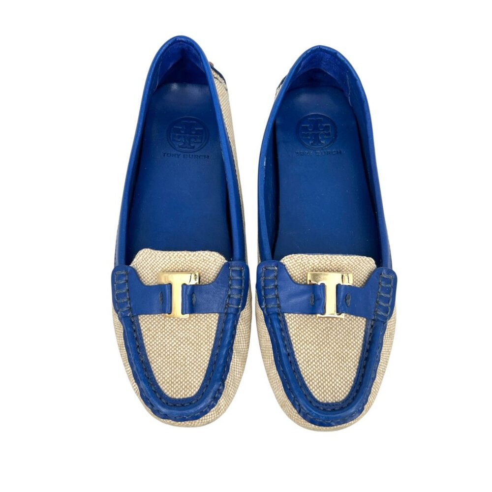 Tory Burch Casey Canvas Leather Driving Loafers Blue Beige Size 7.5